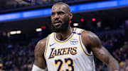 Dec 21, 2024; Sacramento, California, USA; Los Angeles Lakers forward LeBron James (23) reacts after scoring against the Sacramento Kings during the second quarter at Golden 1 Center. Mandatory Credit: Ed Szczepanski-Imagn Images