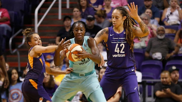 Mercury's Leilani Mitchell (5) and Brittany Griner (42) double-team Liberty's Tina Charles (31) during the first half at Talking Stick Resort Arena in Phoenix, Ariz. on Aug. 19, 2018.
865709002 Mercury's Leilani Mitchell (5) and Brittany Griner (42) double-team Liberty's Tina Charles (31) during the first half at Talking Stick Resort Arena in Phoenix, Ariz. on Aug. 19, 2018.
865709002