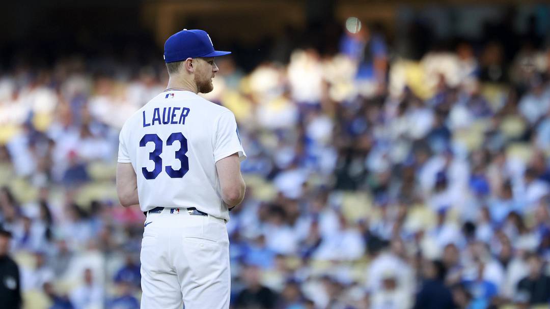 Jun 15, 2026; Los Angeles, California, USA; Los Angeles Dodgers pitcher Eric Lauer (33) gets ready to throw a pitch during the first inning against the Tampa Bay Rays at Dodger Stadium. Mandatory Credit: William Navarro-Imagn Images