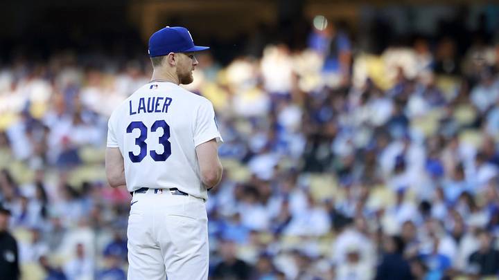 Jun 15, 2026; Los Angeles, California, USA; Los Angeles Dodgers pitcher Eric Lauer (33) gets ready to throw a pitch during the first inning against the Tampa Bay Rays at Dodger Stadium. Mandatory Credit: William Navarro-Imagn Images