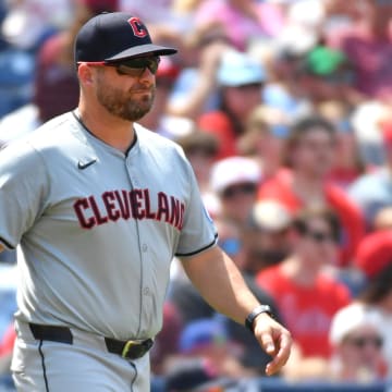 Jul 28, 2024; Philadelphia, Pennsylvania, USA; Cleveland Guardians manager Stephen Vogt (12) walks to the mound for a pitching change against the Philadelphia Phillies during the fourth inning at Citizens Bank Park. Mandatory Credit: Eric Hartline-USA TODAY Sports