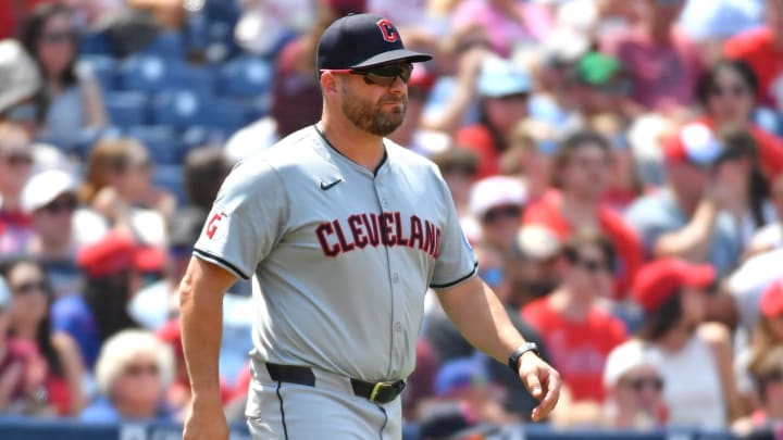 Jul 28, 2024; Philadelphia, Pennsylvania, USA; Cleveland Guardians manager Stephen Vogt (12) walks to the mound for a pitching change against the Philadelphia Phillies during the fourth inning at Citizens Bank Park. Mandatory Credit: Eric Hartline-USA TODAY Sports