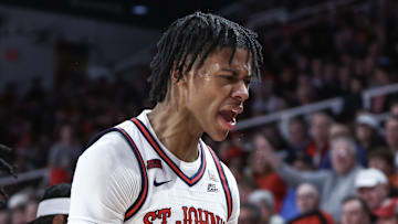 Nov 4, 2024; Queens, New York, USA;  St. John's basketball guard Simeon Wilcher (7) reacts after forcing a turnover in the first half against the Fordham Rams at Carnesecca Arena. Mandatory Credit: Wendell Cruz-Imagn Images