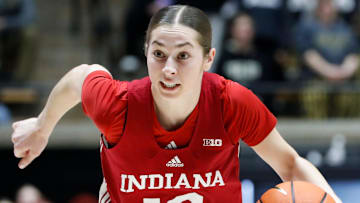 Indiana Hoosiers guard Shay Ciezki (10) drives to the basket Sunday, March 2, 2025, against the Purdue Boilermakers during the NCAA women’s basketball game at Mackey Arena in West Lafayette, Ind.