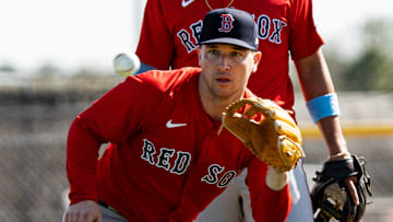 Alex Bregman of the Boston Red Sox participates in drills at JetBlue Park at Fenway South on Monday, Feb. 17, 2025.