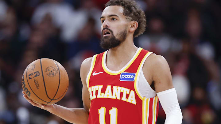 Oct 27, 2025; Chicago, Illinois, USA; Atlanta Hawks guard Trae Young (11) brings the ball up court against the Chicago Bulls during the second half at United Center.