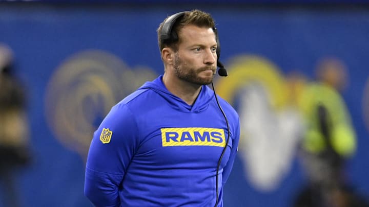 Nov 24, 2024; Inglewood, California, USA;  Los Angeles Rams head coach Sean McVay, center, watches from the sidelines during the second half against the Philadelphia Eagles at SoFi Stadium. Mandatory Credit: Alex Gallardo-Imagn Images