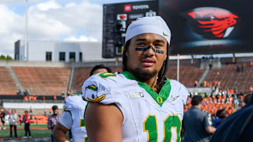 Sep 14, 2024; Corvallis, Oregon, USA; Oregon Ducks offensive lineman Iapani Laloulu (72) and Oregon Ducks defensive end Matayo Uiagalelei (10) leave the field after the game against the Oregon State Beavers at Reser Stadium. Mandatory Credit: Craig Strobeck-Imagn Images