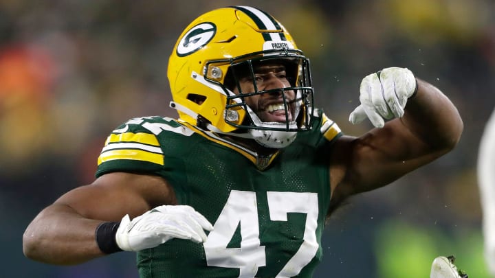 Green Bay Packers linebacker Justin Hollins (47) reacts after sacking Los Angeles Rams quarterback Baker Mayfield (17) during their football game on Monday December, 19, 2022 at Lambeau Field in Green Bay, Wis. Wm. Glasheen USA TODAY NETWORK-Wisconsin

Apc Packers Vs Rams 84427 121922 Wag