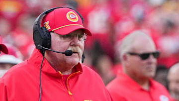 Sep 15, 2024; Kansas City, Missouri, USA; Kansas City Chiefs head coach Andy Reid watches play against the Cincinnati Bengals during the first half at GEHA Field at Arrowhead Stadium. Mandatory Credit: Denny Medley-Imagn Images