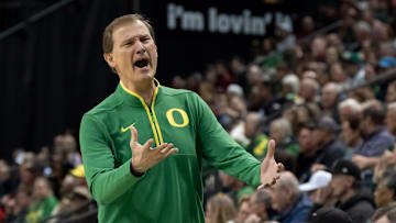 Oregon head coach Dana Altman calls to the bench as the Oregon Ducks host the Indiana Hoosiers Tuesday, March 4, 2025, at Matthew Knight Arena in Eugene, Ore.
