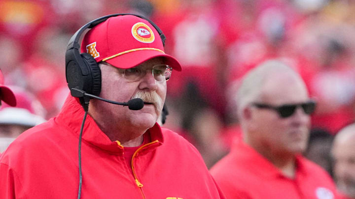 Sep 15, 2024; Kansas City, Missouri, USA; Kansas City Chiefs head coach Andy Reid watches play against the Cincinnati Bengals during the first half at GEHA Field at Arrowhead Stadium. Mandatory Credit: Denny Medley-Imagn Images