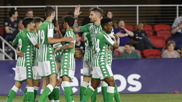 May 22, 2019; Washington, D.C., USA; Real Betis forward Robert (9) celebrates with teammates after scoring a goal against D.C. United in the second half at Audi Field. Real Betis won 5-2. Mandatory Credit: Geoff Burke-USA TODAY Sports