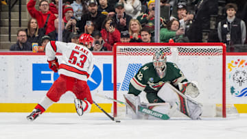 Feb 6, 2025; Saint Paul, Minnesota, USA; Minnesota Wild goaltender Filip Gustavsson (32) stops Carolina Hurricanes right wing Jackson Blake (53) on a penalty shot in the second period at Xcel Energy Center. Mandatory Credit: Matt Blewett-Imagn Images