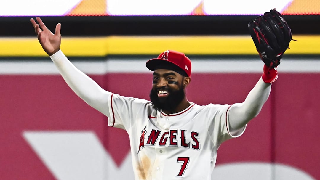 Apr 4, 2026; Anaheim, California, USA; Los Angeles Angels right fielder Jo Adell (7) reacts after making a catch against the Seattle Mariners during the ninth inning at Angel Stadium. Mandatory Credit: Jonathan Hui-Imagn Images