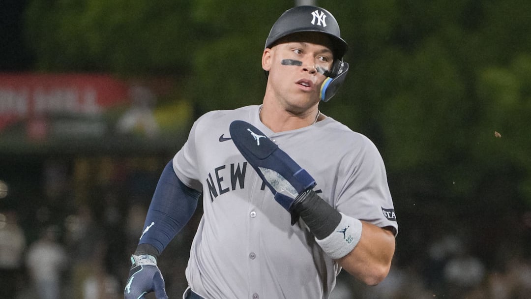 May 9, 2025; West Sacramento, California, USA; New York Yankees outfielder Aaron Judge (99) advances to third base during the seventh inning of the game against the Athletics at Sutter Health Park. Mandatory Credit: Ed Szczepanski-Imagn Images