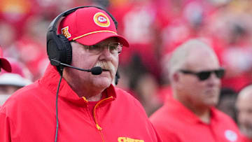 Sep 15, 2024; Kansas City, Missouri, USA; Kansas City Chiefs head coach Andy Reid watches play against the Cincinnati Bengals during the first half at GEHA Field at Arrowhead Stadium. Mandatory Credit: Denny Medley-Imagn Images