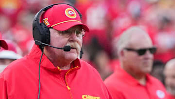 Sep 15, 2024; Kansas City, Missouri, USA; Kansas City Chiefs head coach Andy Reid watches play agains the Cincinnati Bengals during the first half at GEHA Field at Arrowhead Stadium. Mandatory Credit: Denny Medley-Imagn Images