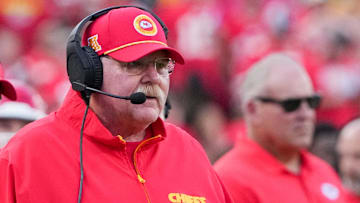 Sep 15, 2024; Kansas City, Missouri, USA; Kansas City Chiefs head coach Andy Reid watches play agains the Cincinnati Bengals during the first half at GEHA Field at Arrowhead Stadium. Mandatory Credit: Denny Medley-Imagn Images