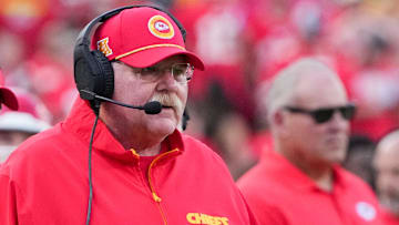Sep 15, 2024; Kansas City, Missouri, USA; Kansas City Chiefs head coach Andy Reid watches play agains the Cincinnati Bengals during the first half at GEHA Field at Arrowhead Stadium. Mandatory Credit: Denny Medley-Imagn Images