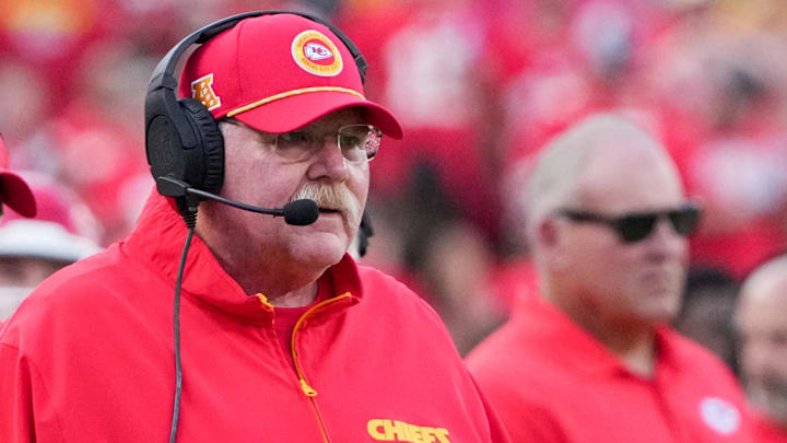 Sep 15, 2024; Kansas City, Missouri, USA; Kansas City Chiefs head coach Andy Reid watches play agains the Cincinnati Bengals during the first half at GEHA Field at Arrowhead Stadium. Mandatory Credit: Denny Medley-Imagn Images