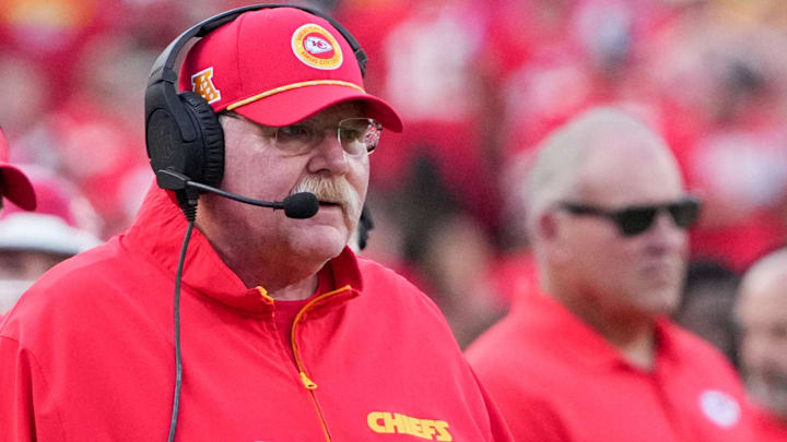 Sep 15, 2024; Kansas City, Missouri, USA; Kansas City Chiefs head coach Andy Reid watches play against the Cincinnati Bengals during the first half at GEHA Field at Arrowhead Stadium. Mandatory Credit: Denny Medley-Imagn Images