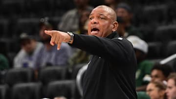 Milwaukee Bucks head coach Doc Rivers reacts in the second quarter against the Detroit Pistons at Fiserv Forum on October 9.