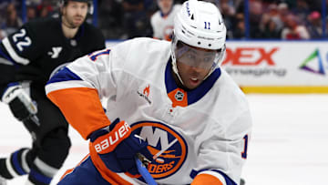 Mar 29, 2025; Tampa, Florida, USA; New York Islanders left wing Anthony Duclair (11) skates with the puck against the Tampa Bay Lightning during the first period at Amalie Arena. Mandatory Credit: Kim Klement Neitzel-Imagn Images