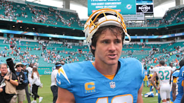 Oct 12, 2025; Miami Gardens, Florida, USA; Los Angeles Chargers quarterback Justin Herbert (10) looks on after the game against the Miami Dolphins at Hard Rock Stadium. Mandatory Credit: Sam Navarro-Imagn Images