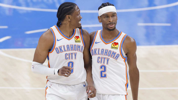 Jun 16, 2025; Oklahoma City, Oklahoma, USA; Oklahoma City Thunder forward Jalen Williams (8) and guard Shai Gilgeous-Alexander (2) walk back up the court in the first quarter against the Indiana Pacers during game five of the 2025 NBA Finals at Paycom Center. Mandatory Credit: Alonzo Adams-Imagn Images