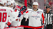 May 12, 2025; Raleigh, North Carolina, USA; Washington Capitals left wing Alex Ovechkin (8) scores a goal against the Carolina Hurricanes during the third period in game four of the second round of the 2025 Stanley Cup Playoffs at Lenovo Center. Mandatory Credit: James Guillory-Imagn Images