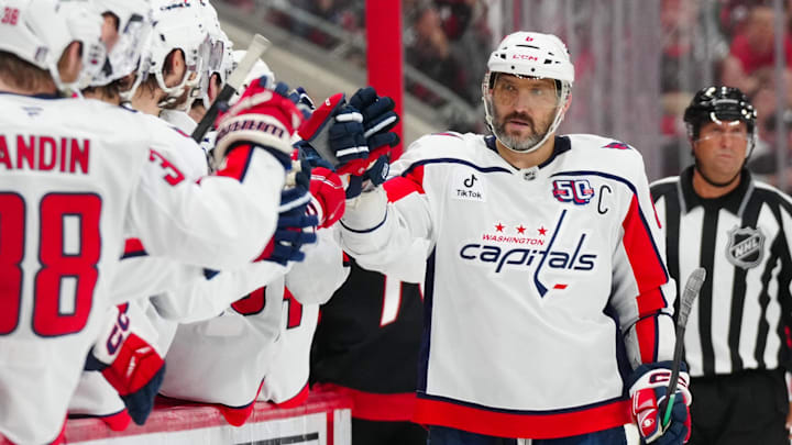 May 12, 2025; Raleigh, North Carolina, USA; Washington Capitals left wing Alex Ovechkin (8) scores a goal against the Carolina Hurricanes during the third period in game four of the second round of the 2025 Stanley Cup Playoffs at Lenovo Center. Mandatory Credit: James Guillory-Imagn Images