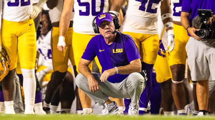 Sep 6, 2025; Baton Rouge, Louisiana, USA;  LSU Tigers head coach Brian Kelly looks on against Louisiana Tech Bulldogs during the second half at Tiger Stadium. Mandatory Credit: Stephen Lew-Imagn Images
