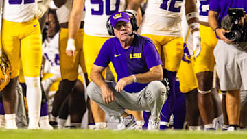 LSU Tigers head coach Brian Kelly looks on against Louisiana Tech Bulldogs during the second half at Tiger Stadium.