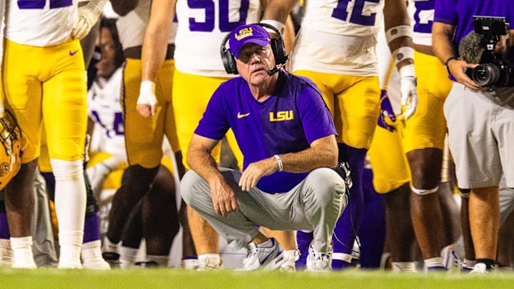 LSU Tigers head coach Brian Kelly looks on against Louisiana Tech Bulldogs during the second half at Tiger Stadium.