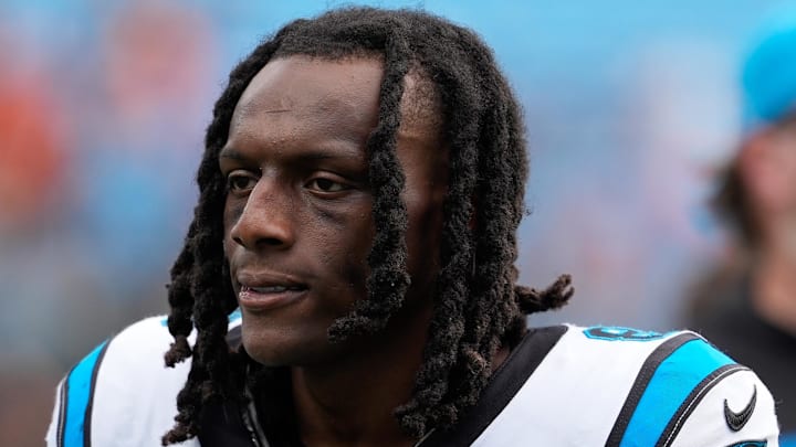 Sep 29, 2024; Charlotte, North Carolina, USA; Carolina Panthers cornerback Jaycee Horn (8) during the fourth quarter at Bank of America Stadium. Mandatory Credit: Jim Dedmon-Imagn Images