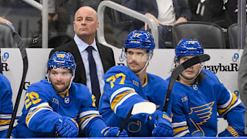 Nov 15, 2025; St. Louis, Missouri, USA; St. Louis Blues head coach Jim Montgomery looks on during the third period against the Vegas Golden Knights at Enterprise Center. Mandatory Credit: Jeff Curry-Imagn Images
