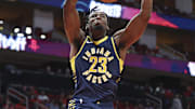 Oct 10, 2023; Houston, Texas, USA; Indiana Pacers forward Aaron Nesmith (23) dunks the ball during the third quarter against the Houston Rockets at Toyota Center. Mandatory Credit: Troy Taormina-Imagn Images