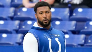 Indianapolis Colts defensive tackle Deforest Buckner (99) warms up before a game against the Arizona Cardinals on Sunday, Oct. 12, 2025, at Lucas Oil Stadium in Indianapolis