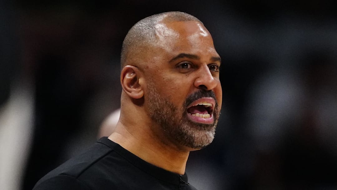 Mar 11, 2026; Denver, Colorado, USA; Houston Rockets head coach Ime Udoka. Reacts in the second half against the Denver Nuggets at Ball Arena. Mandatory Credit: Ron Chenoy-Imagn Images