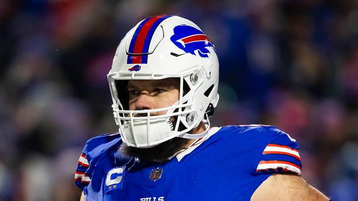 Jan 21, 2024; Orchard Park, New York, USA; Buffalo Bills center Mitch Morse (60) against the Kansas City Chiefs in the 2024 AFC divisional round game at Highmark Stadium. Mandatory Credit: Mark J. Rebilas-Imagn Images
