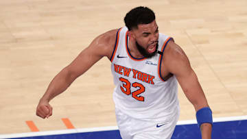 May 29, 2025; New York, New York, USA; New York Knicks center Karl-Anthony Towns (32) reacts during the second quarter of game five of the eastern conference finals against the Indiana Pacers during the 2025 NBA Playoffs at Madison Square Garden. Mandatory Credit: Brad Penner-Imagn Images
