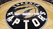 Mar 1, 2019; Toronto, Ontario, CAN; A general view of the Toronto Raptors logo at center court before the start of a game between the Raptors and the Portland Trail Blazers at Scotiabank Arena. Mandatory Credit: Tom Szczerbowski-Imagn Images