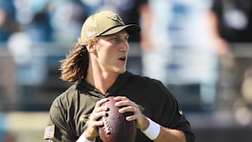 Nov 16, 2025; Jacksonville, Florida, USA; Jacksonville Jaguars quarterback Trevor Lawrence (16) participates in pregame warmups against the Los Angeles Chargers at EverBank Stadium. 