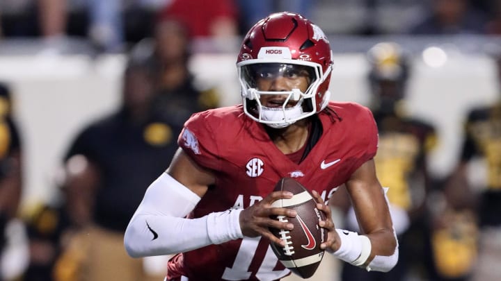 Aug 29, 2024; Little Rock, Arkansas, USA; Arkansas Razorbacks quarterback Taylor Green (10) drops back to pass in the second quarter against the Pine Bluff Golden Lions at War Memorial Stadium. Mandatory Credit: Nelson Chenault-USA TODAY Sports