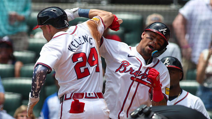 Braves center fielder Jarred Kelenic (24) celebrates with shortstop Orlando Arcia (11) after a three-run home run against the Philadelphia Phillies in the second inning at Truist Park. Braves center fielder Jarred Kelenic (24) celebrates with shortstop Orlando Arcia (11) after a three-run home run against the Philadelphia Phillies in the second inning at Truist Park.
