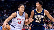 Jan 3, 2025; New Orleans, Louisiana, USA;  Washington Wizards guard Malcolm Brogdon (15) dribbles against New Orleans Pelicans guard Trey Murphy III (25) during the first half at Smoothie King Center. Mandatory Credit: Stephen Lew-Imagn Images