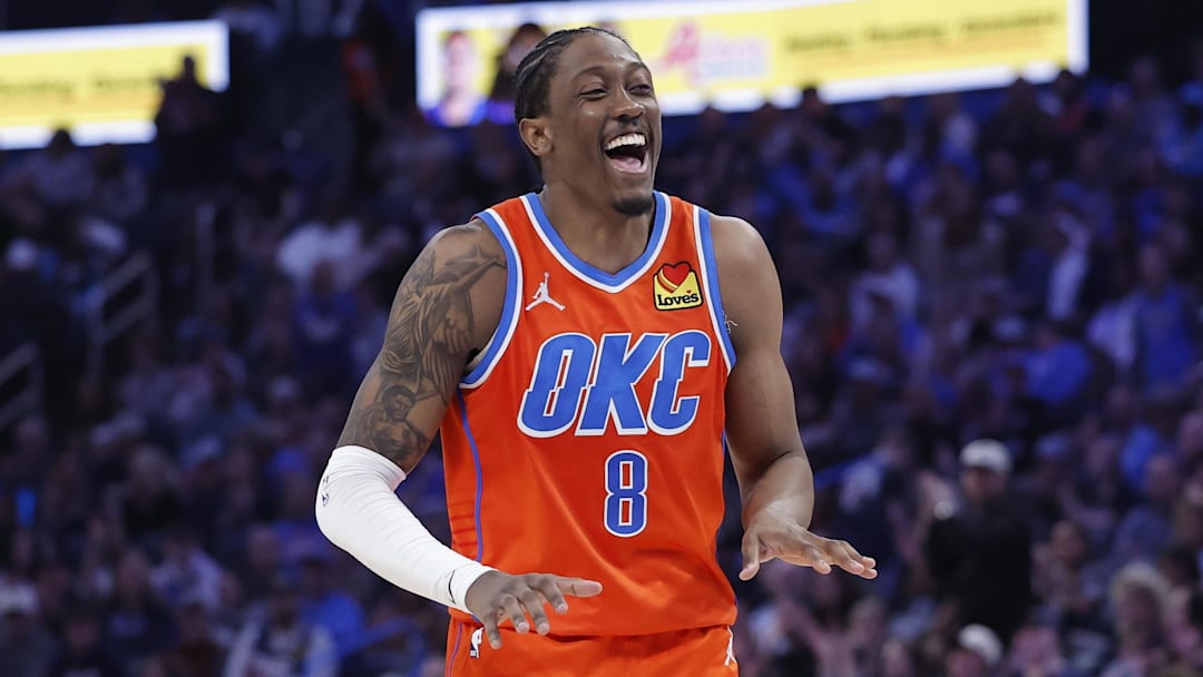 Jan 11, 2026; Oklahoma City, Oklahoma, USA; Oklahoma City Thunder guard/forward Jalen Williams (8) laughs after a play against the Miami Heat during the second half at Paycom Center. Mandatory Credit: Alonzo Adams-Imagn Images