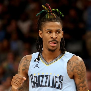 Mar 29, 2023; Memphis, Tennessee, USA; Memphis Grizzlies guard Ja Morant (12) reacts during the first half against the Los Angeles Clippers at FedExForum. Mandatory Credit: Petre Thomas-USA TODAY Sports