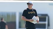 Jul 28, 2025; Metairie, LA, USA;  New Orleans Saints head coach Kellen Moore at Ochsner Sports Performance Center. Mandatory Credit: Stephen Lew-Imagn Images